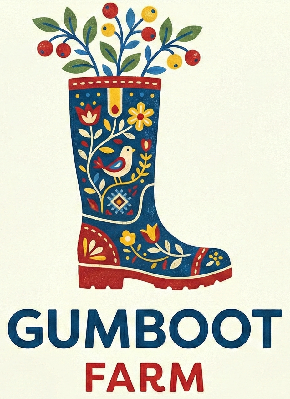 Gumboot Farm — a folk art illustrated gumboot overflowing with berries, flowers, and a little bird